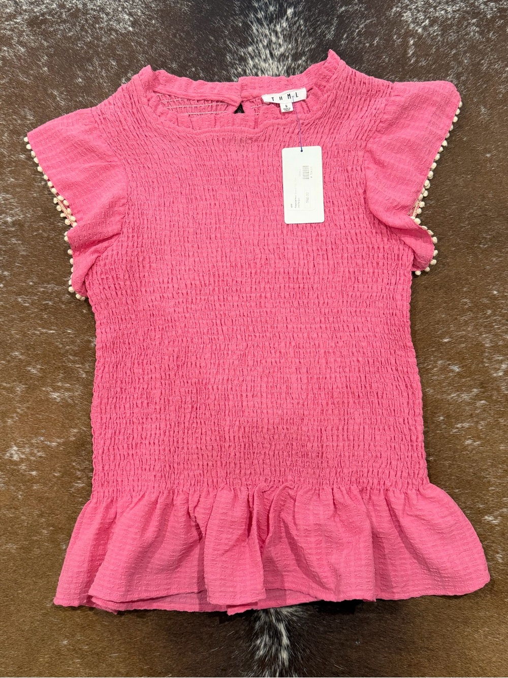 NWT THML Hot Pink Smocked Flutter-Sleeve Top Size Small
